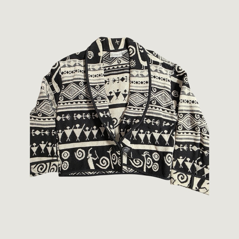 Boho-chic Aztec-inspired Cropped Jacket Black Tribal Tapestry Cotton Knit Artsy